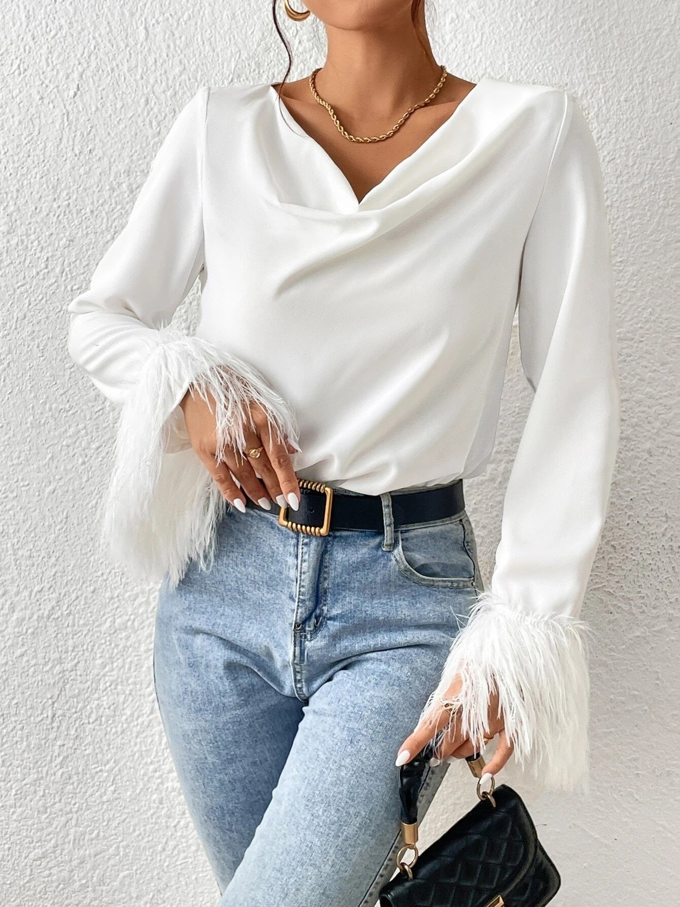 CM-TS577189 Women Elegant Seoul Style Draped Collar Fuzzy Cuff Blouse - White