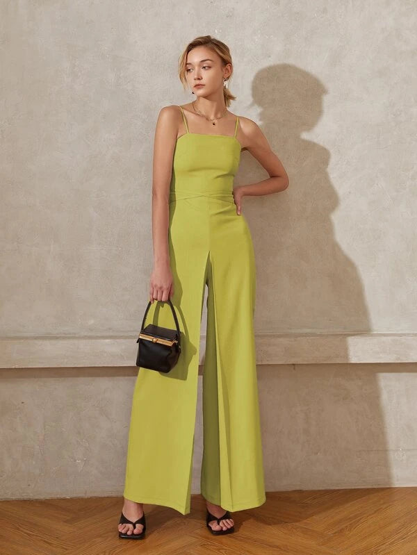 CM-JS683683 Women Elegant Seoul Style Solid Wide Leg Cami Jumpsuit - Olive Green