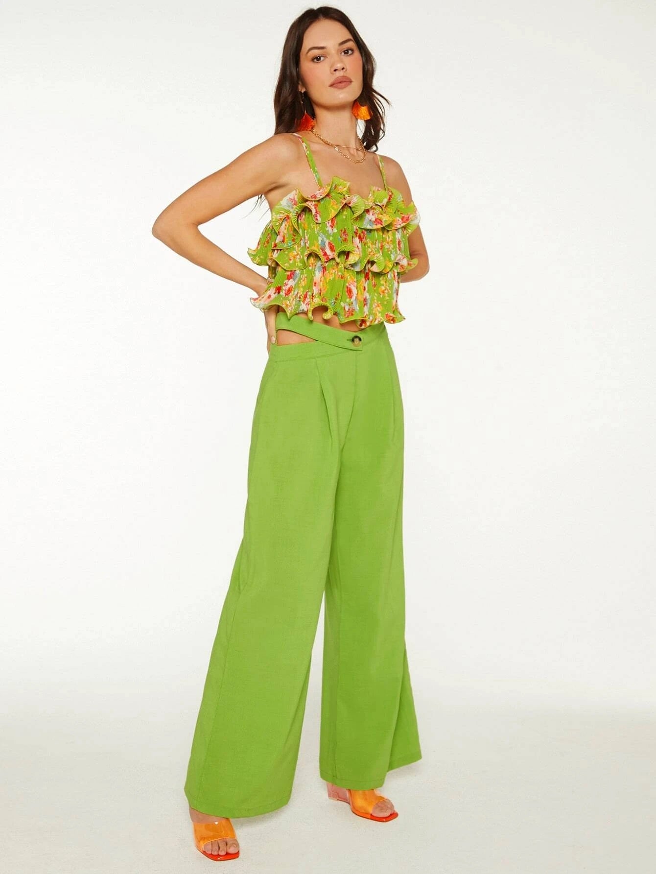 CM-BS971157 Women Elegant Seoul Style High Waist Solid Wide Leg Pants - Lime Green