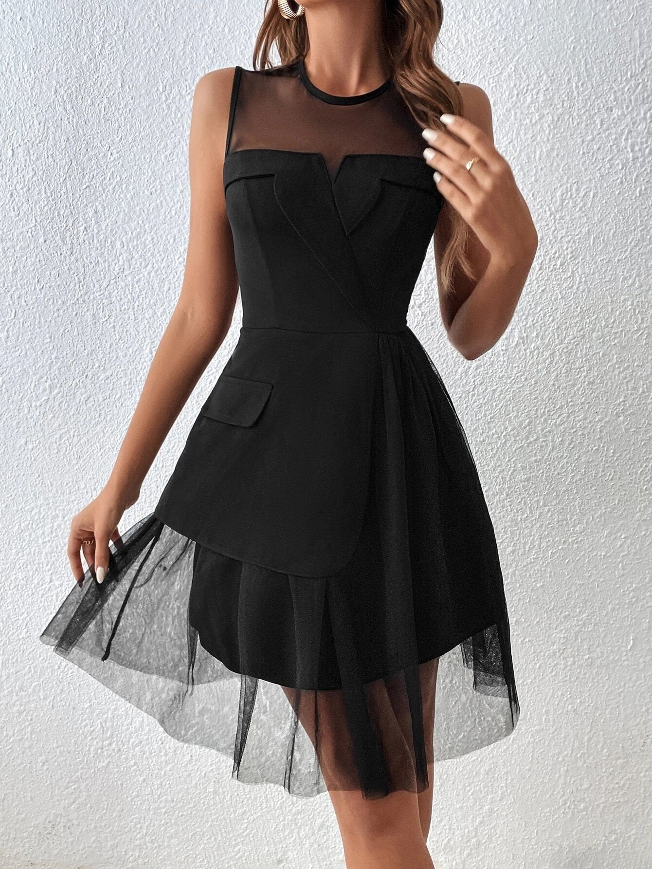 CM-DS193241 Women Elegant Seoul Style Contrast Mesh Ruffle Hem Dress - Black