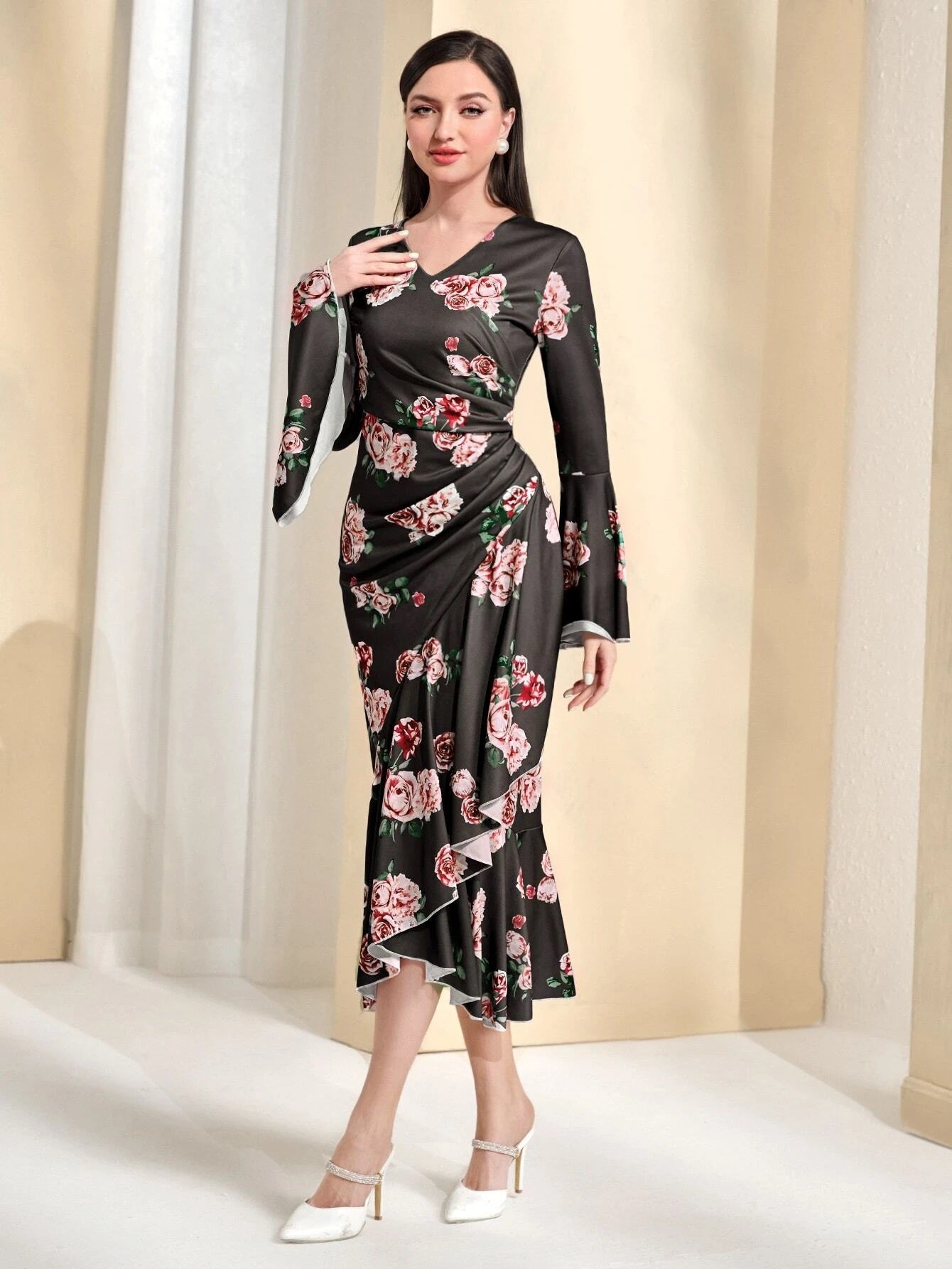 CM-DS991899 Women Elegant Seoul Style Floral Print Flounce Sleeve Ruched Ruffle Hem Dress