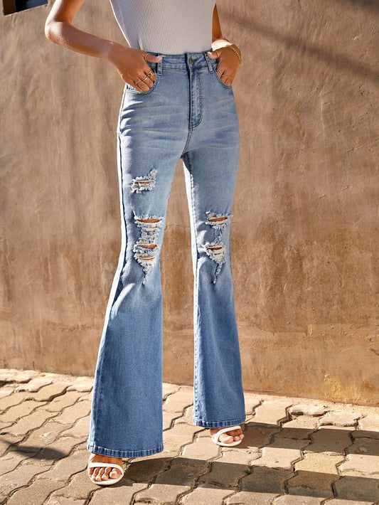 CM-BS388852 Women Casual Seoul Style Light Wash Ripped Flare Leg Jeans