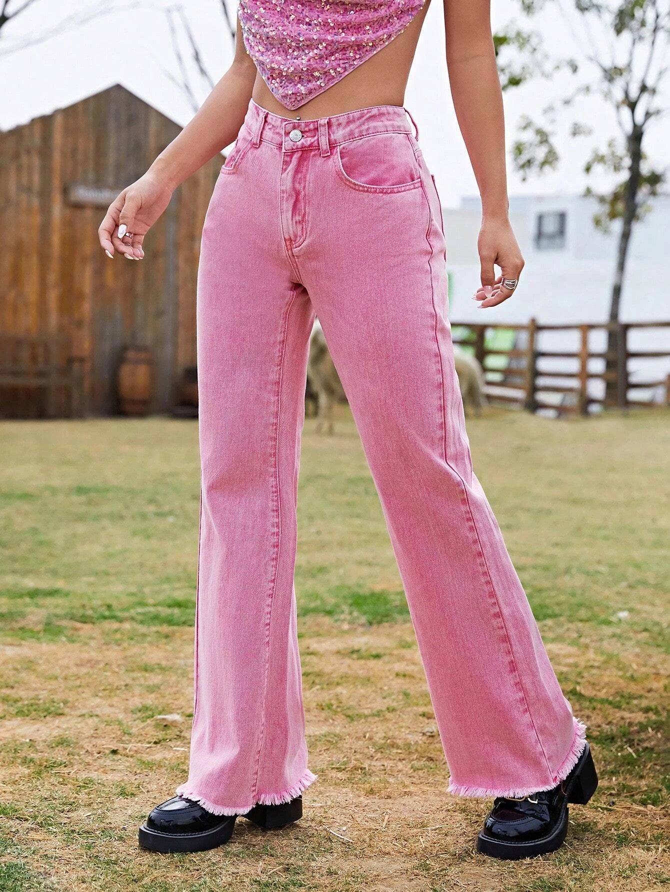 CM-BS233009 Women Casual Seoul Style Drop Waist Solid Raw Hem Flare Leg Jeans - Pink