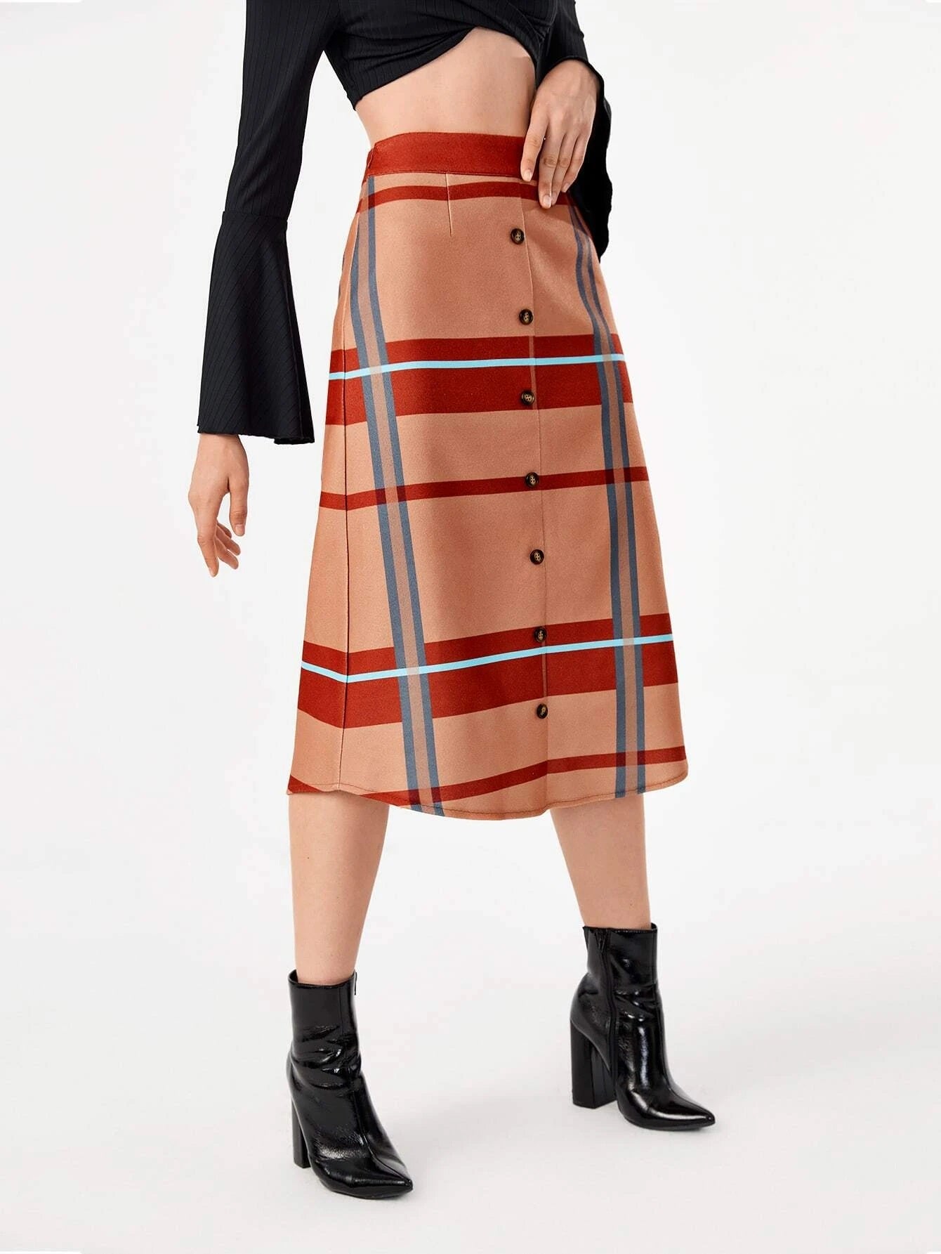 CM-BS778887 Women Casual Seoul Style High Waist Button Front Plaid Skirt