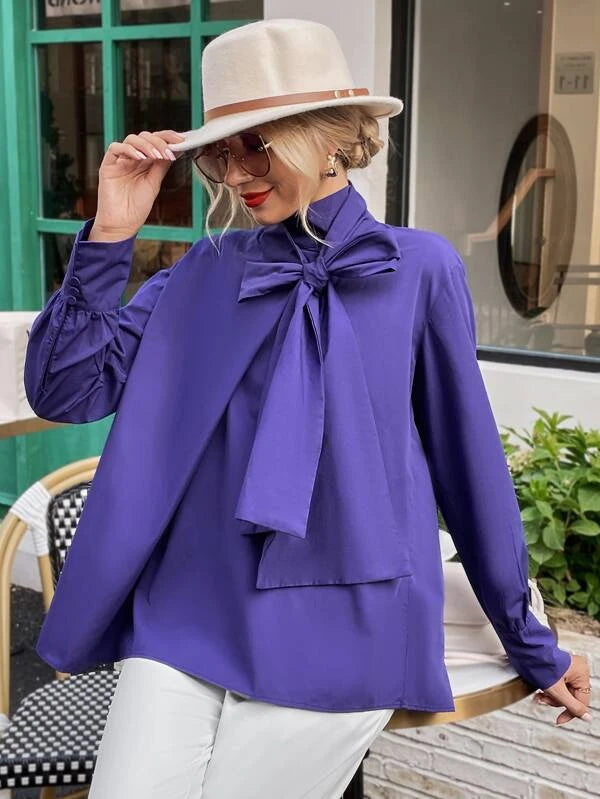 CM-TS466367 Women Elegant Seoul Style Solid Tie Front Long Sleeve Blouse - Purple