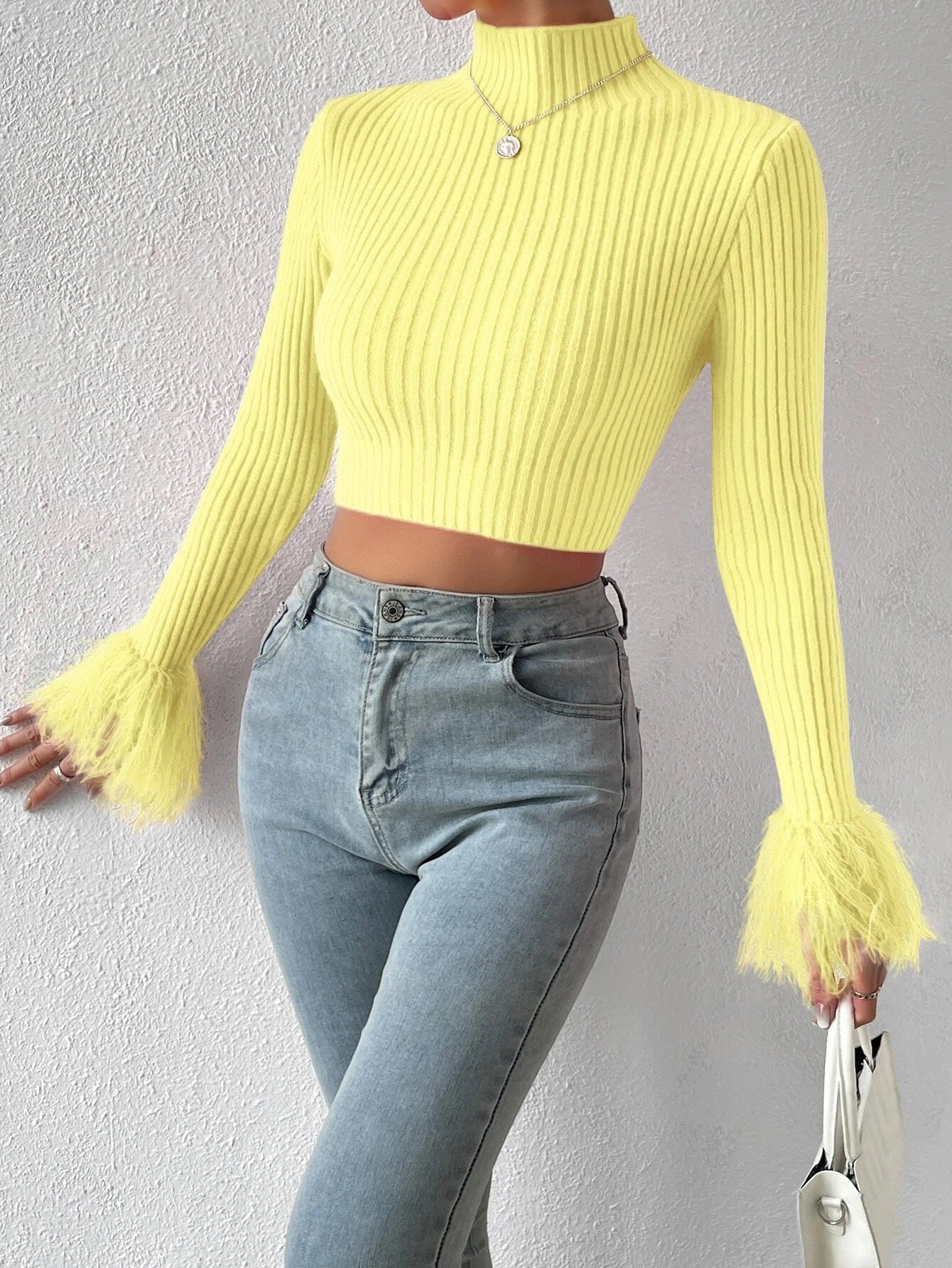 CM-CS717108 Women Casual Seoul Style Mock Neck Fuzzy Cuff Crop Sweater - Yellow