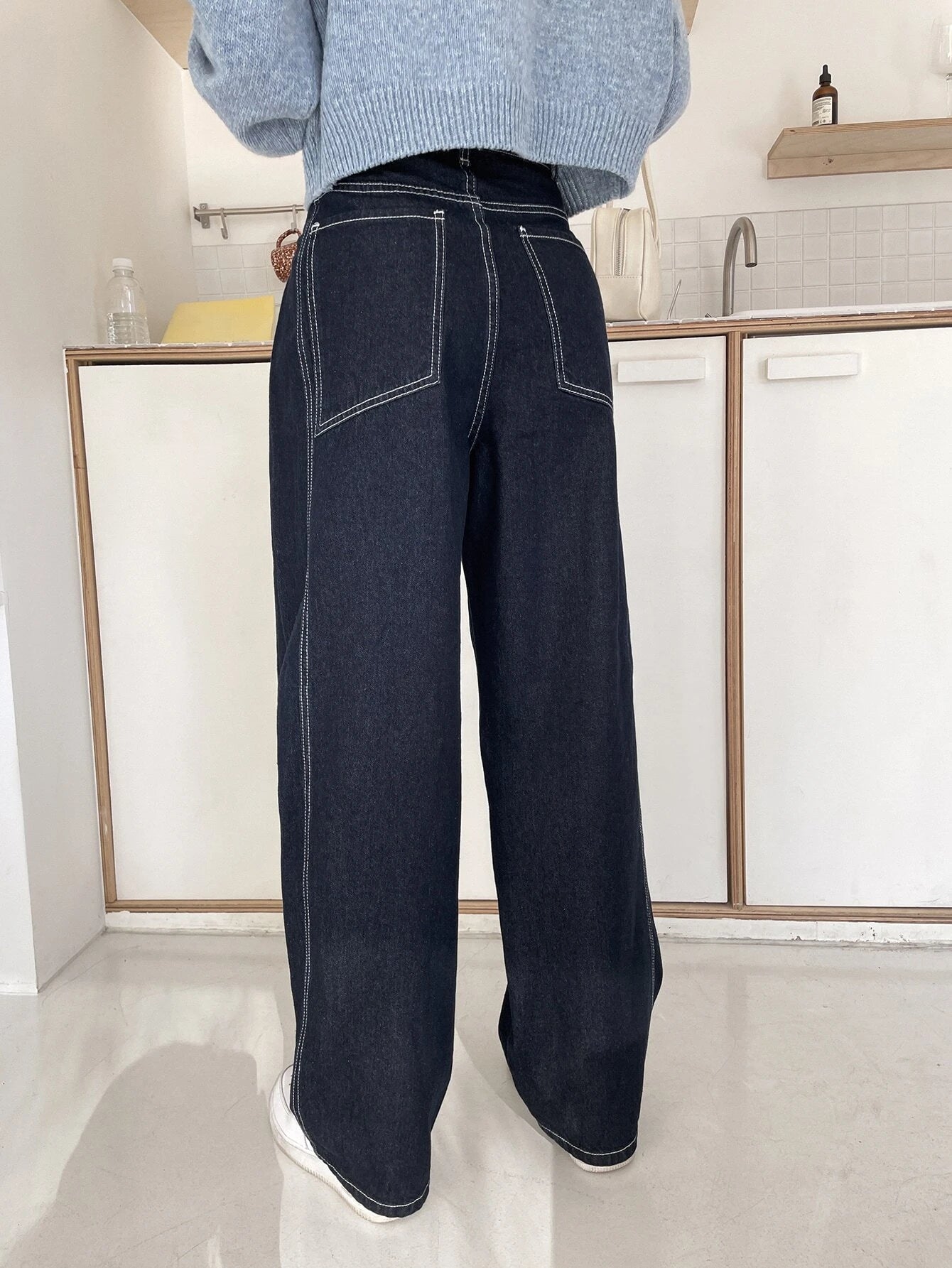 CM-BS180087 Women Casual Seoul Style Dark Wash Top-Stitching Wide Leg Jeans