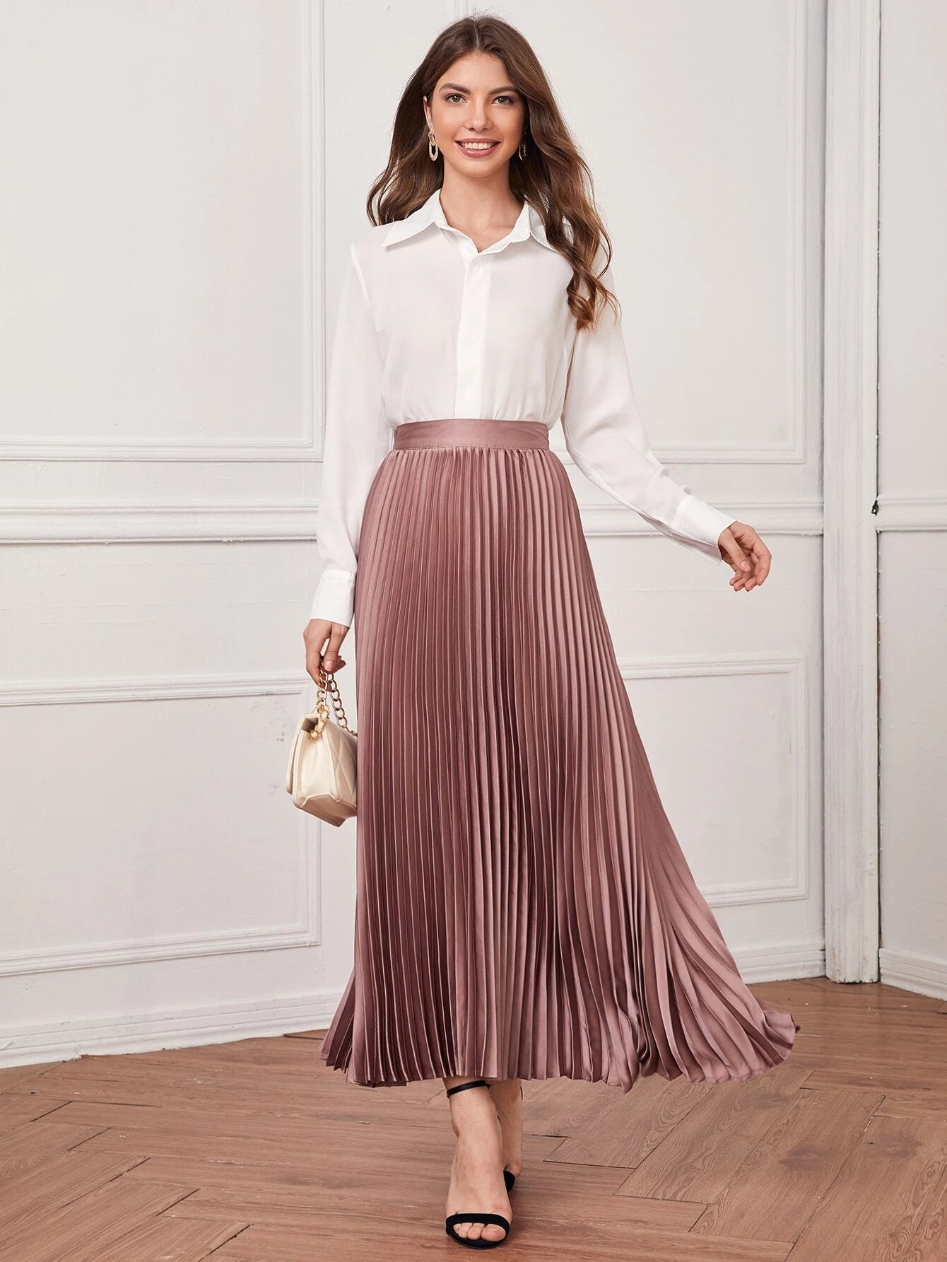 CM-BS917012 Women Elegant Seoul Style Solid High Waist Pleated Satin Skirt - Dusty Pink