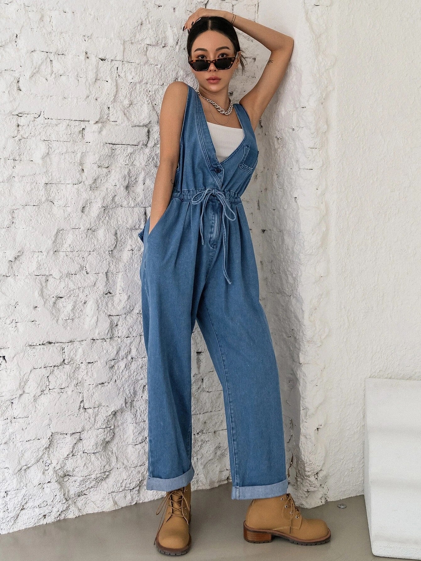 CM-JS573092 Women Preppy Seoul Style Plicated Detail Drawstring Waist Denim Overalls