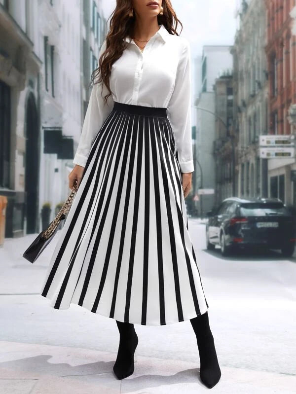 CM-BS945110 Women Casual Seoul Style High Waist Two Tone Pleated Skirt