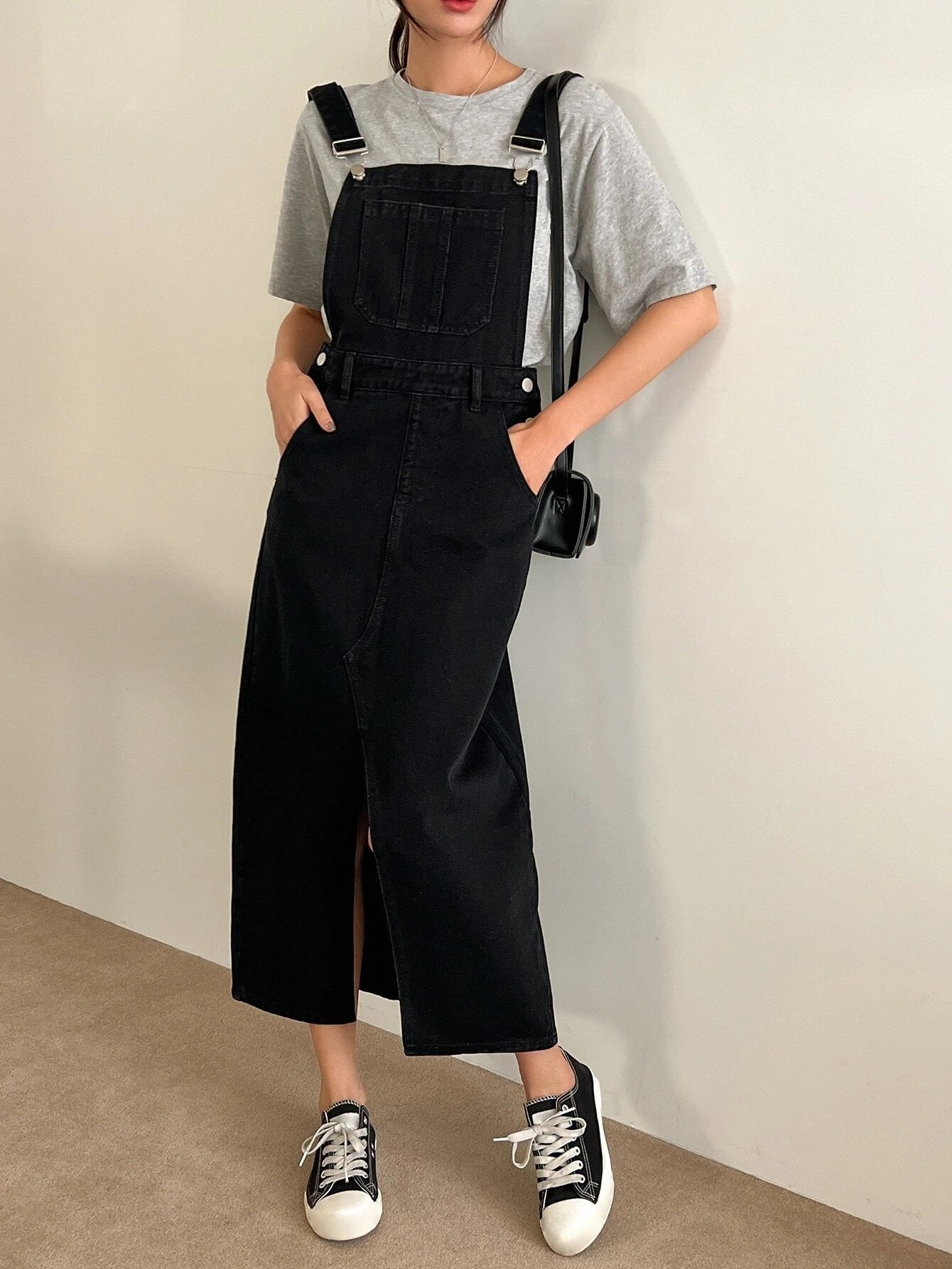 CM-DS100011 Women Preppy Seoul Style Slant Pocket Split Hem Overall Dress - Black