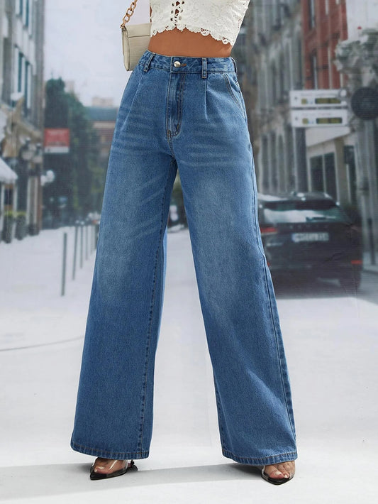 CM-BS649123 Women Casual Seoul Style Medium Wash High Waist Wide Leg Jeans