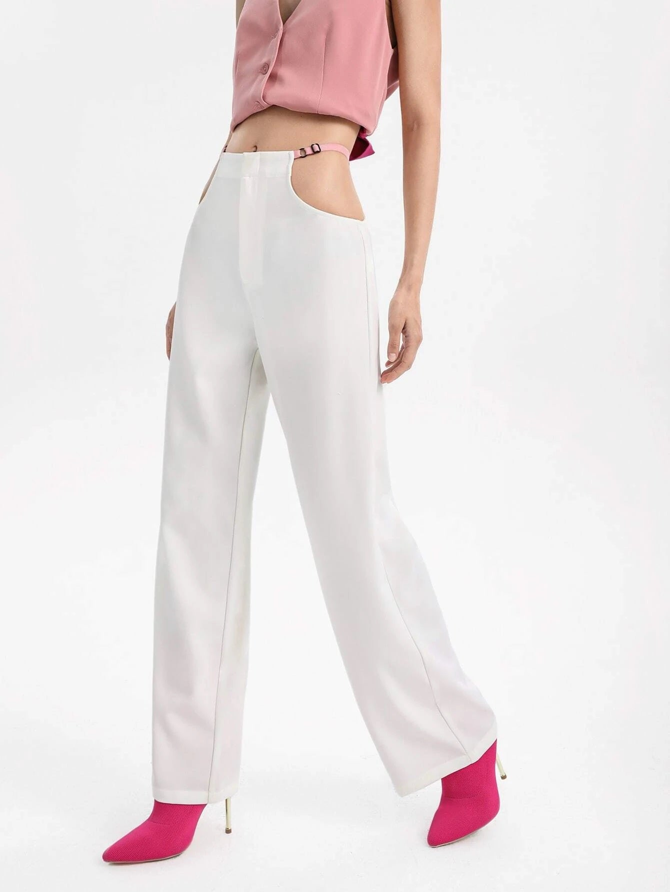 CM-BS139161 Women Casual Seoul Style Cut Out Waist Wide Leg Pants - White