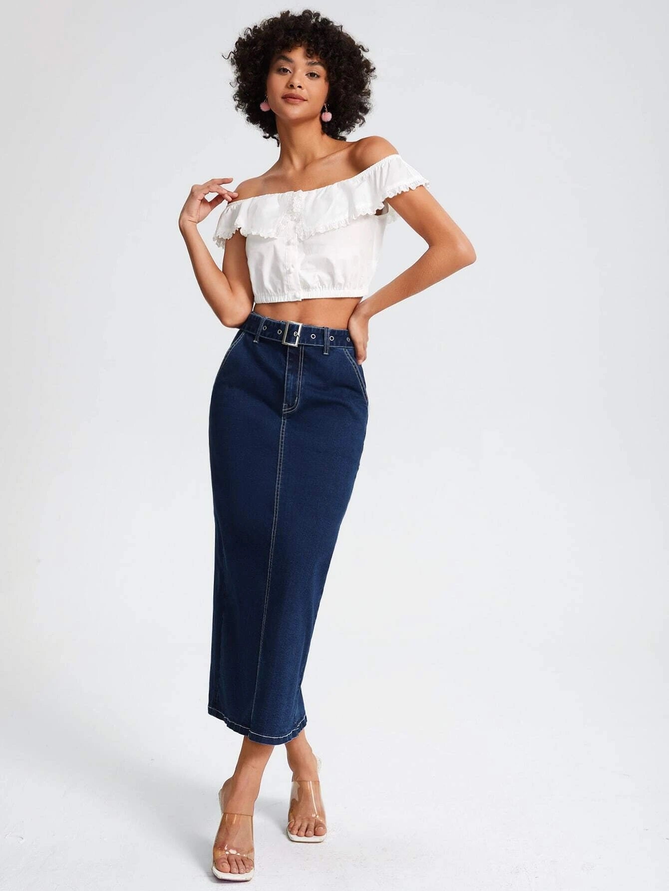 CM-BS941143 Women Preppy Seoul Style Dark Wash High Waist Belted Denim Skirt