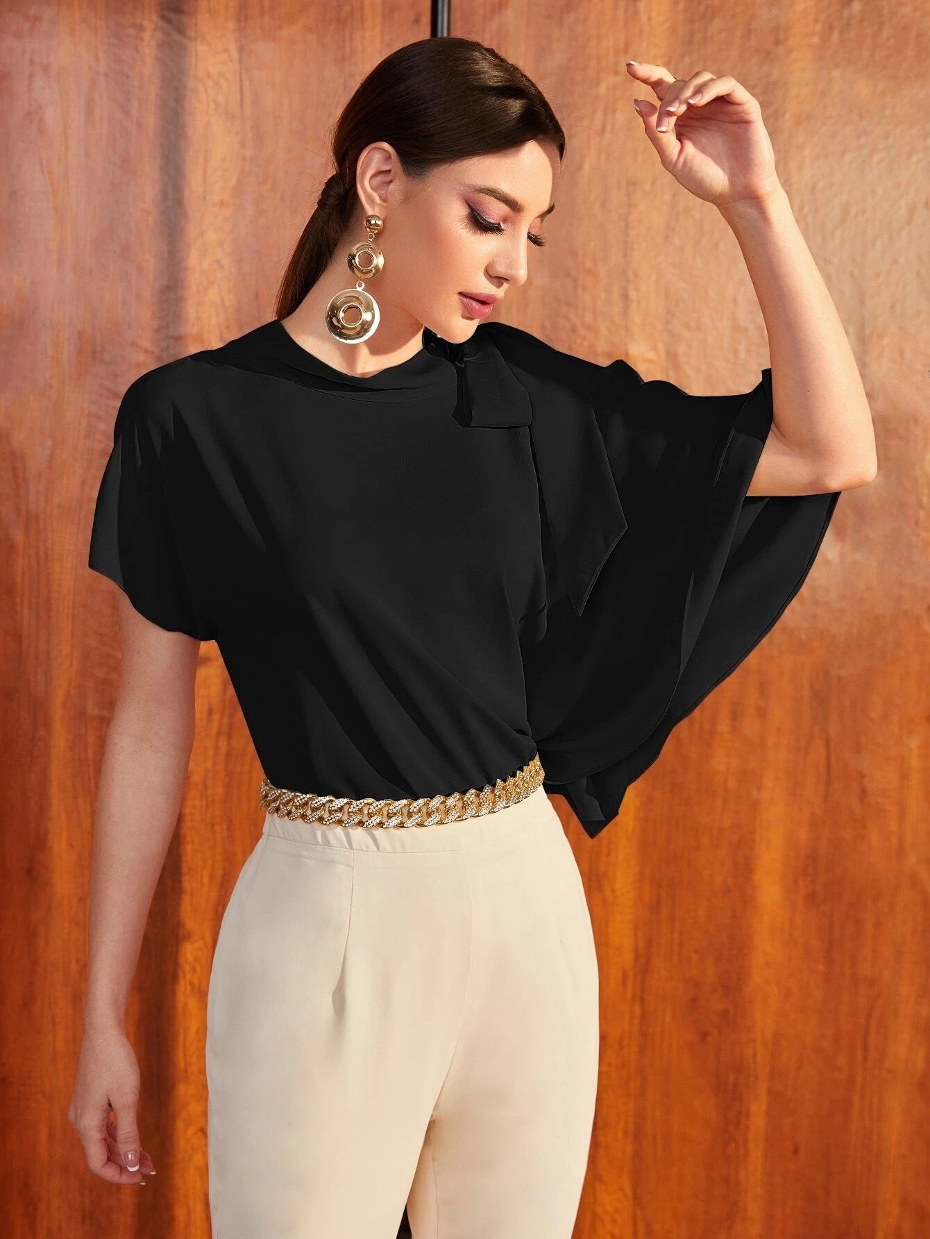 CM-TS505128 Women Elegant Seoul Style Knot Shoulder Asymmetrical Batwing Sleeve Top