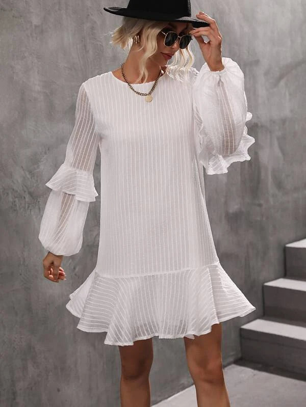 CM-DS268383 Women Casual Seoul Style Ruffle Trim Lantern Sleeve Dress - White