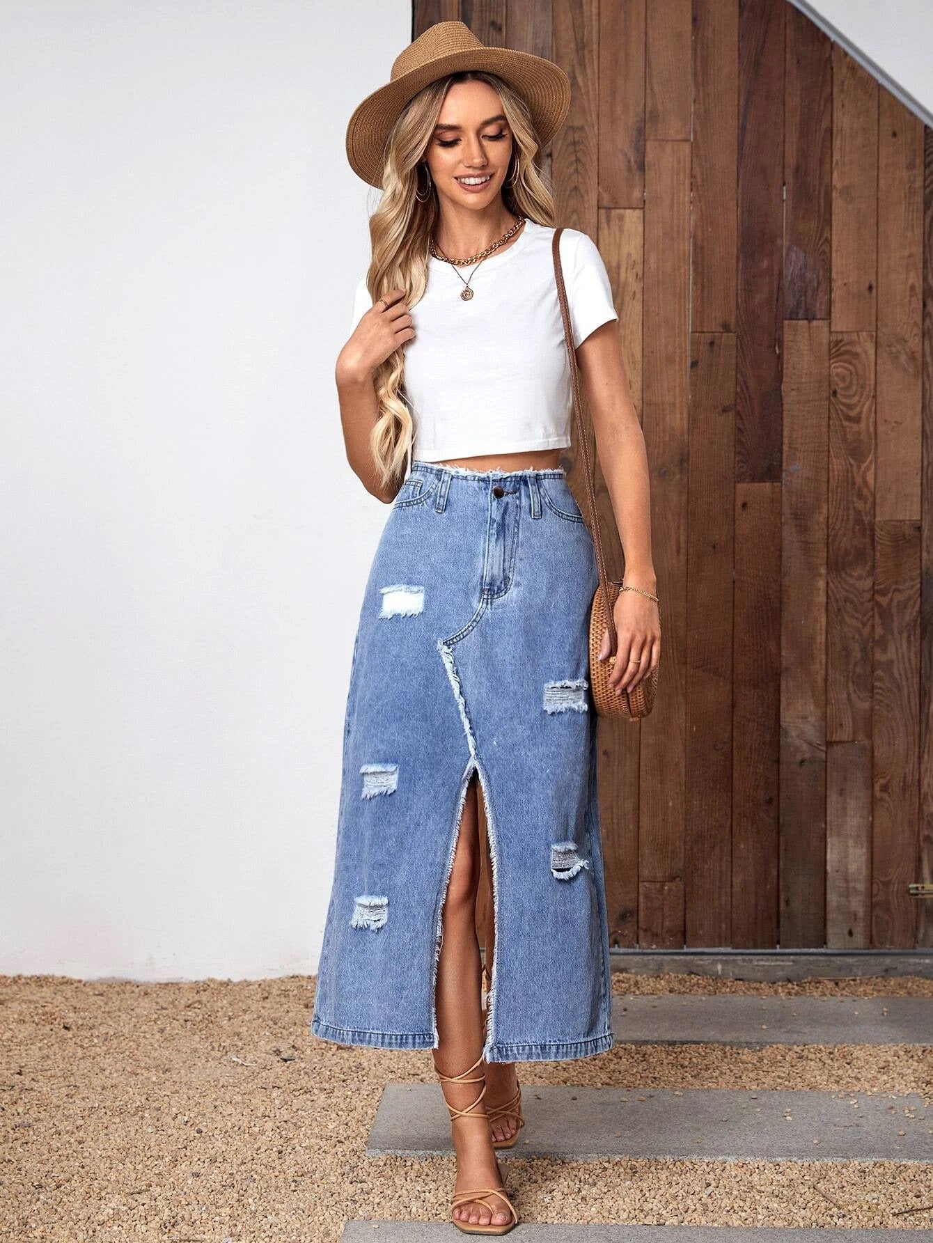 CM-BS910312 Women Casual Seoul Style High Waist Ripped Split Thigh Denim Skirt