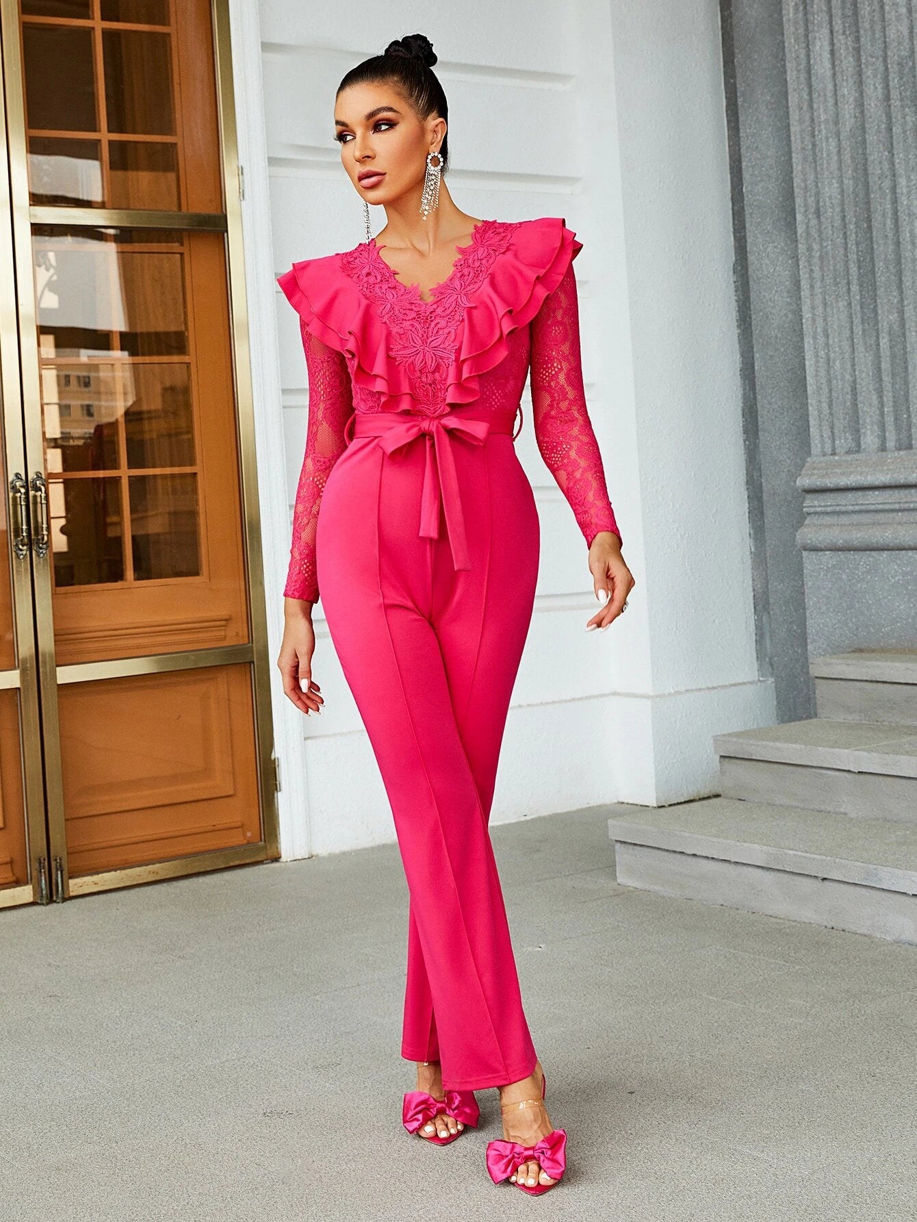 CM-JS502041 Women Elegant Seoul Style Contrast Lace Ruffle Trim Belted Flare Leg Jumpsuit