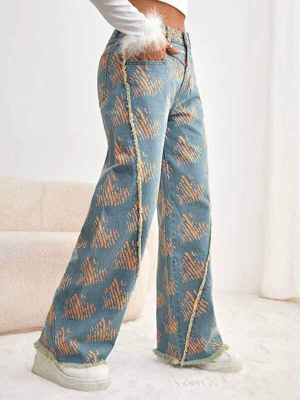CM-BS199133 Women Preppy Seoul Style Heart Print Raw Hem Wide Leg Jeans