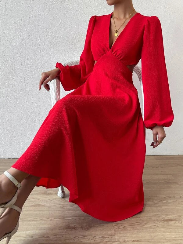 CM-DS303110 Women Elegant Seoul Style Plunging Neck Cut Out Waist Bishop Sleeve Dress