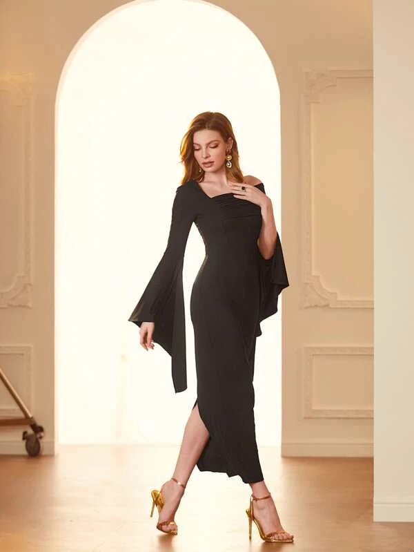CM-DS463739 Women Elegant Seoul Style Asymmetric Neck Trumpet Sleeve Slit Back Dress