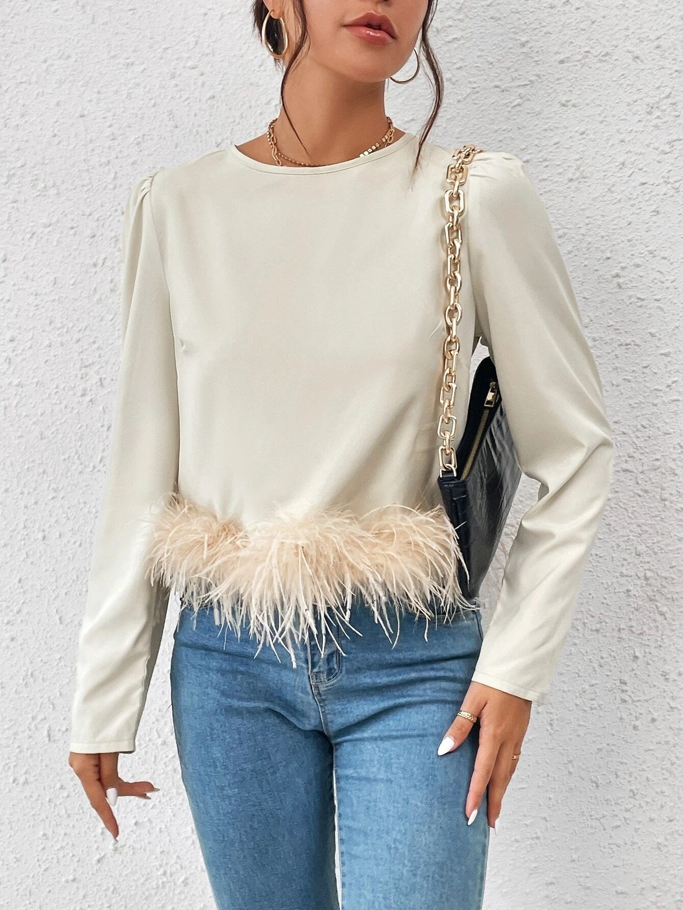 CM-TS987778 Women Elegant Seoul Style Puff Sleeve Fuzzy Trim Blouse - Beige