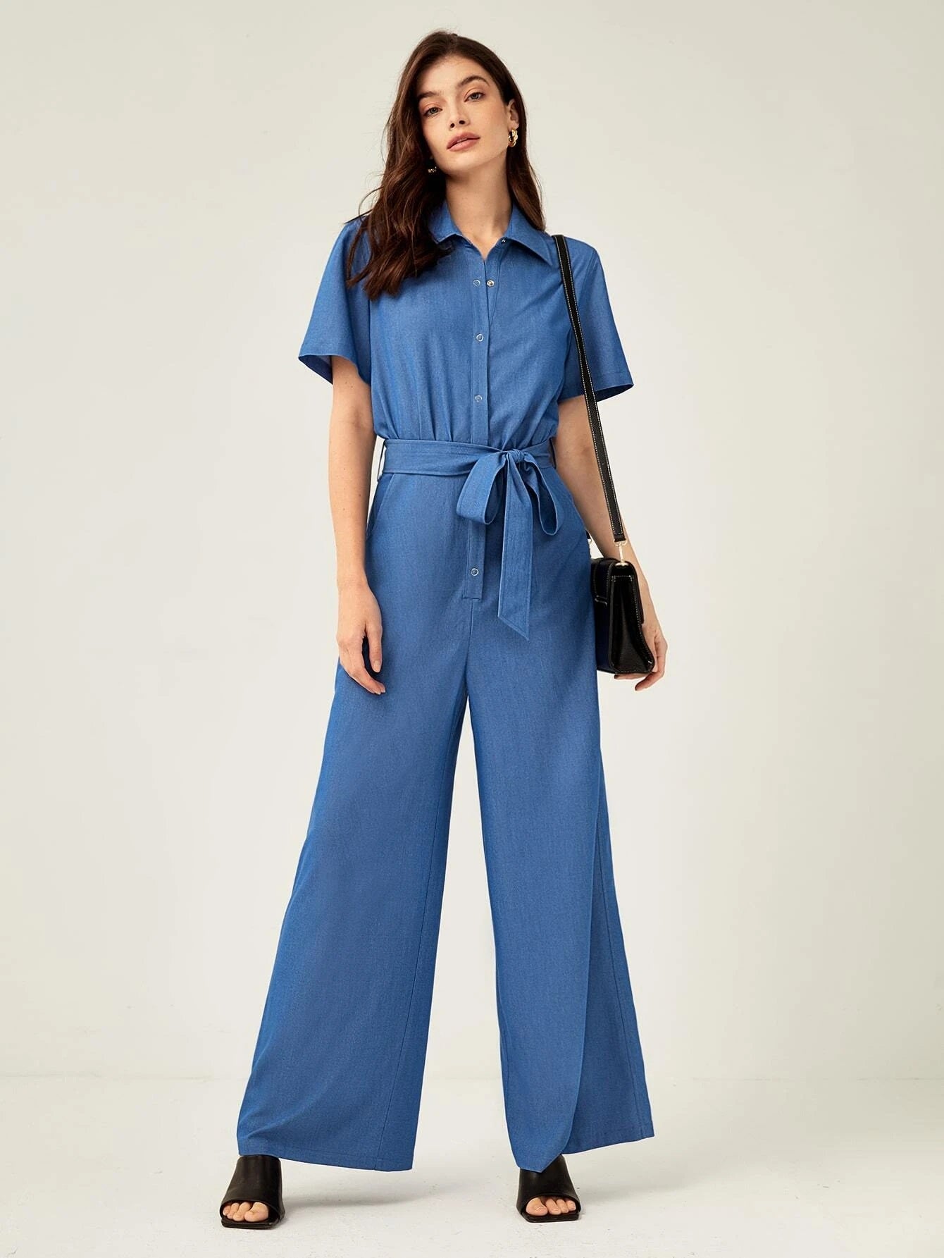CM-JS779867 Women Elegant Seoul Style Short Sleeve Hidden Pocket Belted Jumpsuit - Blue