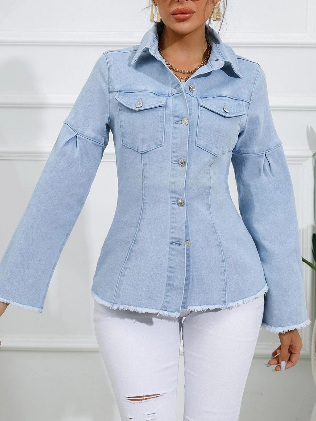 CM-TS002260 Women Preppy Seoul Style Light Wash Flap Pocket Raw Cut Denim Shirt
