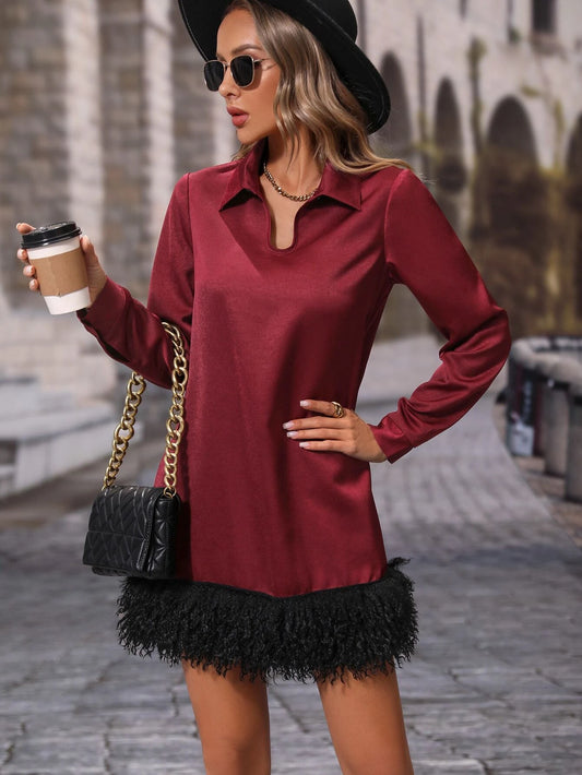 CM-DS291207 Women Elegant Seoul Style Collar Neckline Solid Fuzzy Hem Tunic Dress - Burgundy
