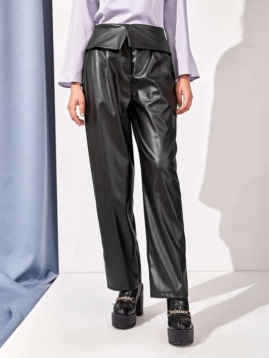 CM-BS705950 Women Elegant Seoul Style Fold Over High Waist Coated Straight Leg Pants