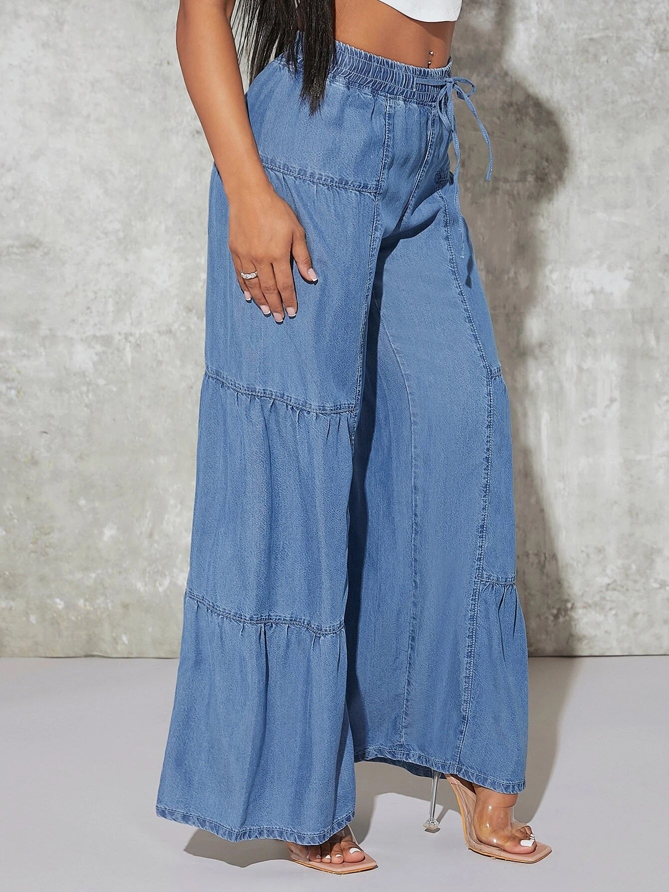 CM-BS441070 Women Preppy Seoul Style Paperbag Waist Belted Wide Leg Jeans