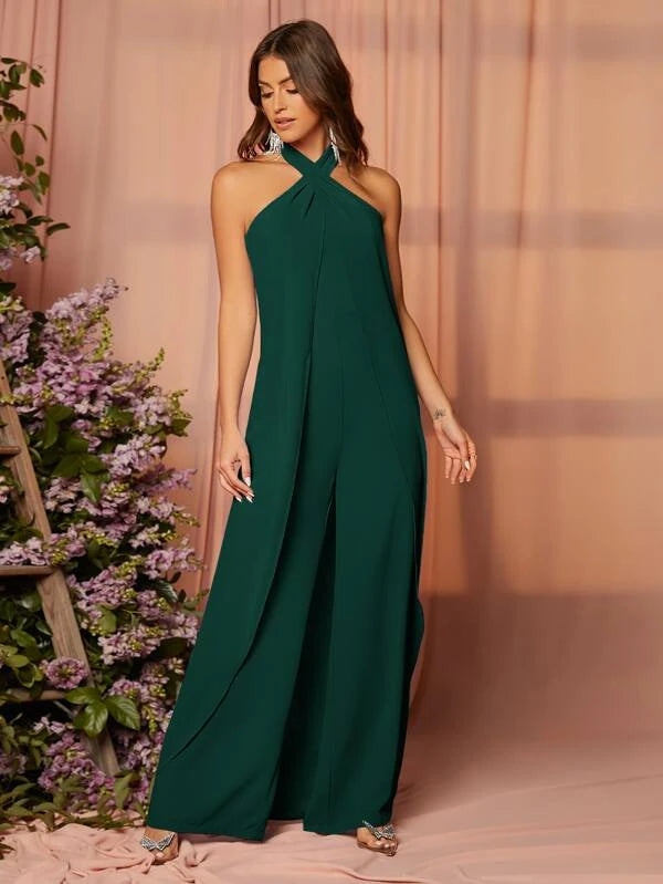 CM-JS583868 Women Elegant Seoul Style Open Back Draped Detail Jumpsuit - Dark Green
