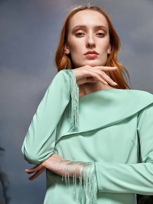 CM-TS521195 Women Elegant Seoul Style Asymmetrical Neck Fringe Trim Top - Mint Green
