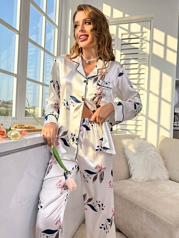 CM-LS415962 Women Trendy Seoul Style Butterfly Print Contrast Piping Satin Shirt With Pants Pajama Set