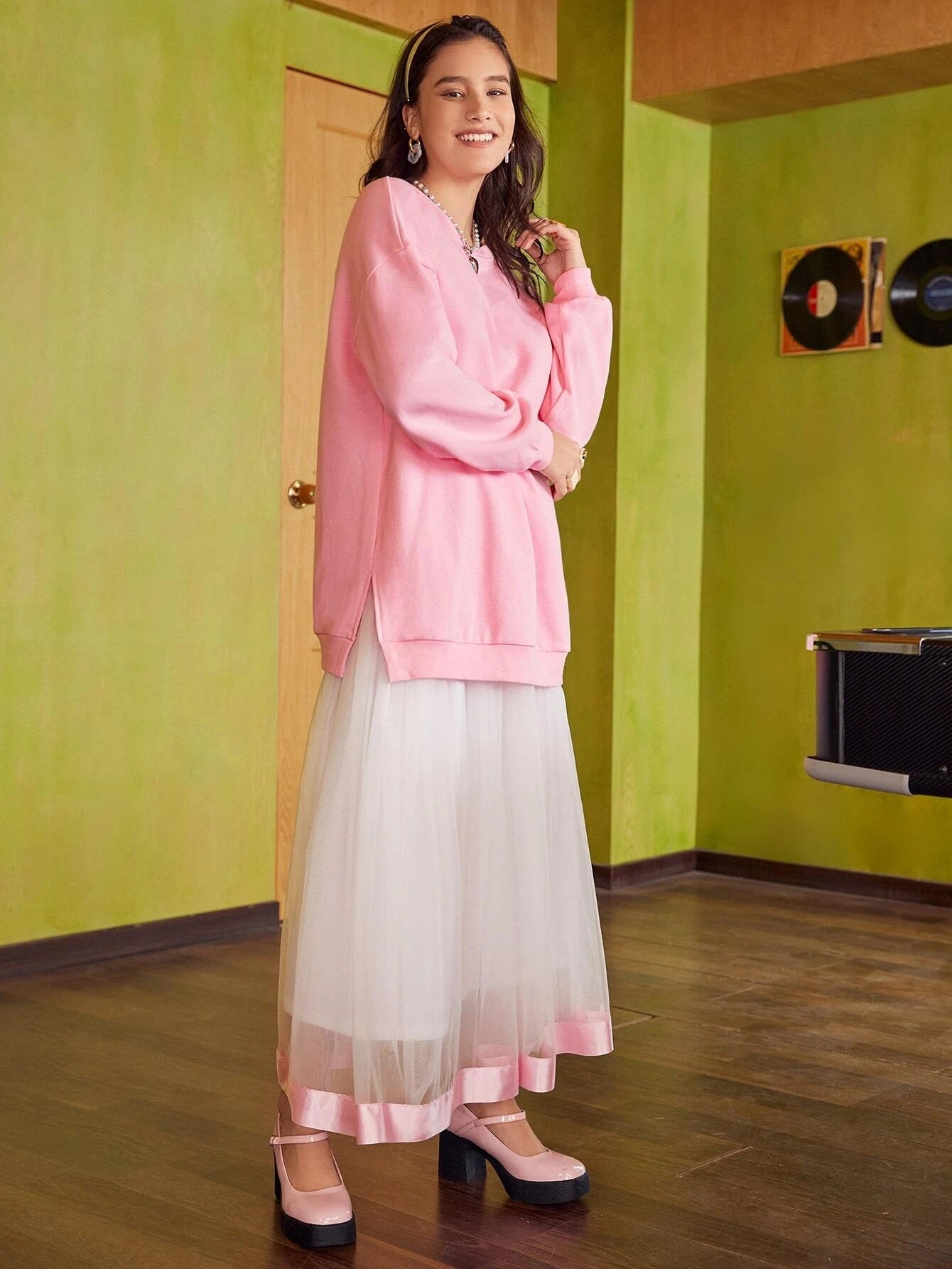 CM-SS142203 Women Elegant Seoul Style Slit Hem Longline Pullover With Tape Trim Mesh Skirt - Set