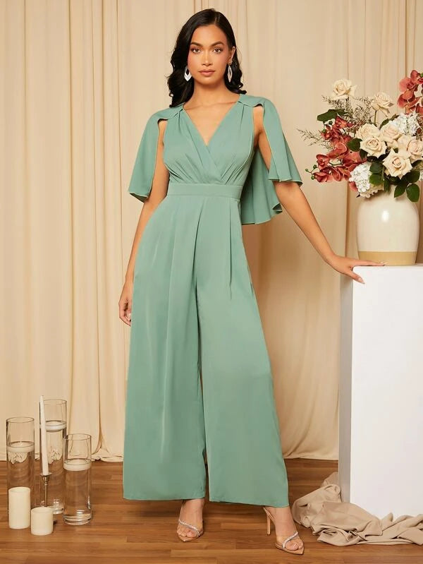 CM-JS041441 Women Elegant Seoul Style Plicated Detail Cloak Sleeve Wide Leg Jumpsuit