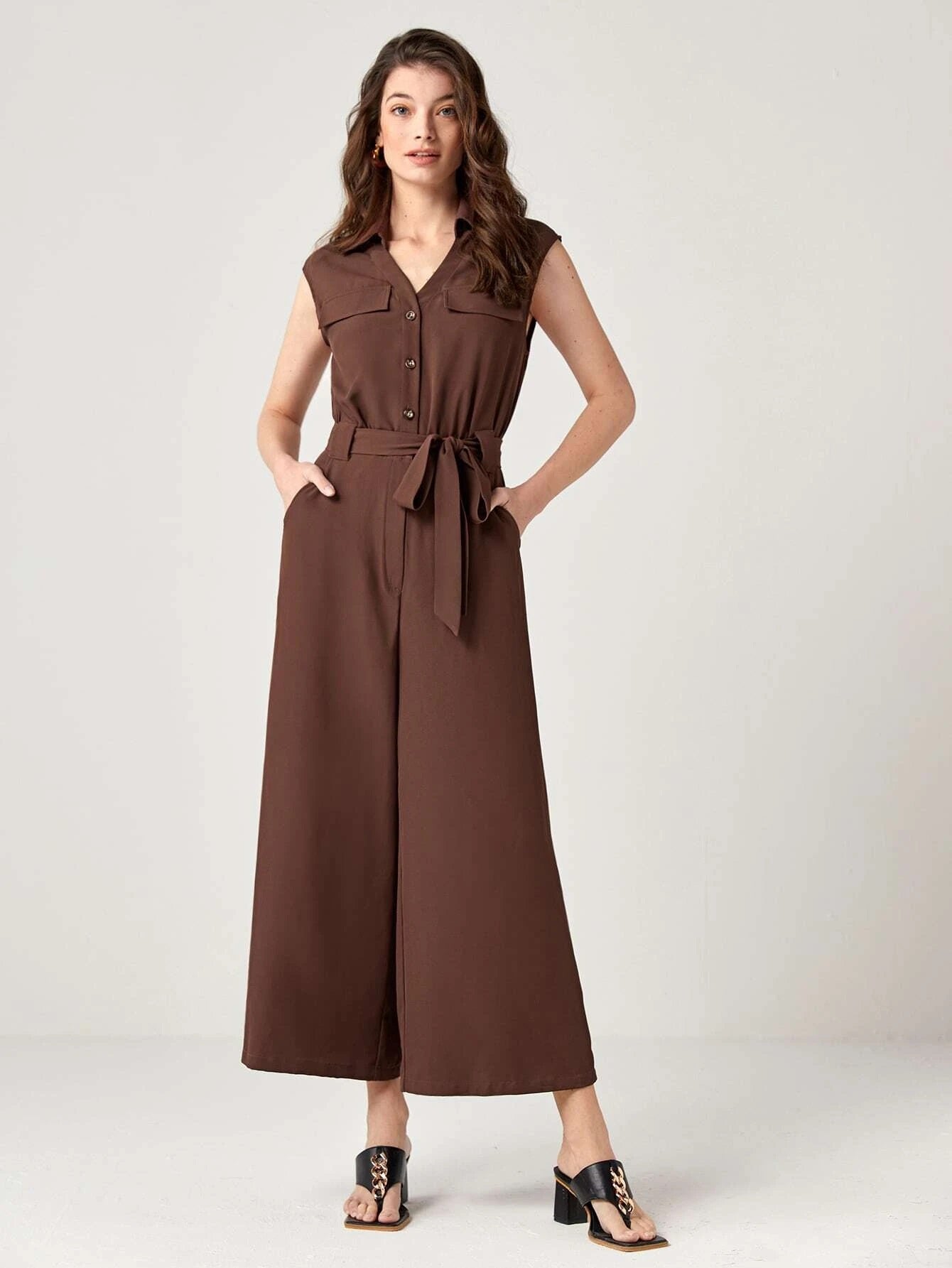 CM-JS581582 Women Casual Seoul Style Button Front Belted Wide Leg Jumpsuit - Coffee Brown