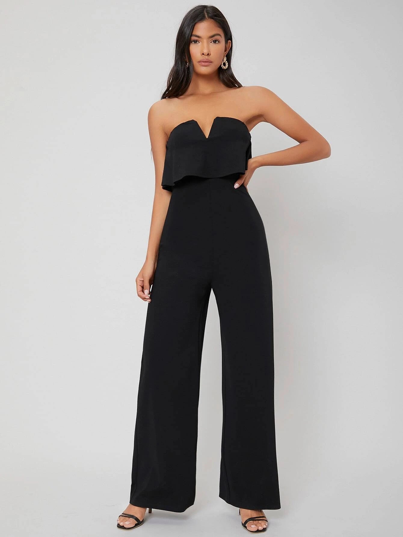 CM-JS126427 Women Elegant Seoul Style Tube V-Bar Sleeveless Jumpsuit - Black