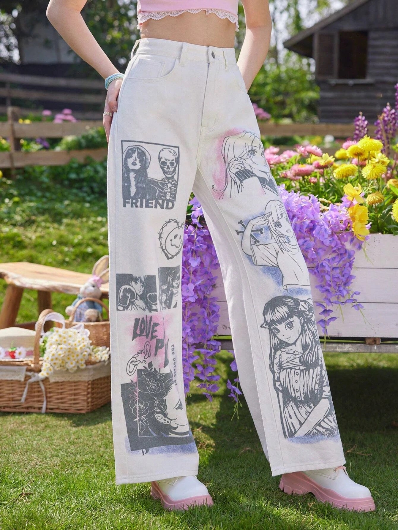 CM-BS162000 Women Preppy Seoul Style Kawaii Figure Graphic Wide Leg Jeans - White
