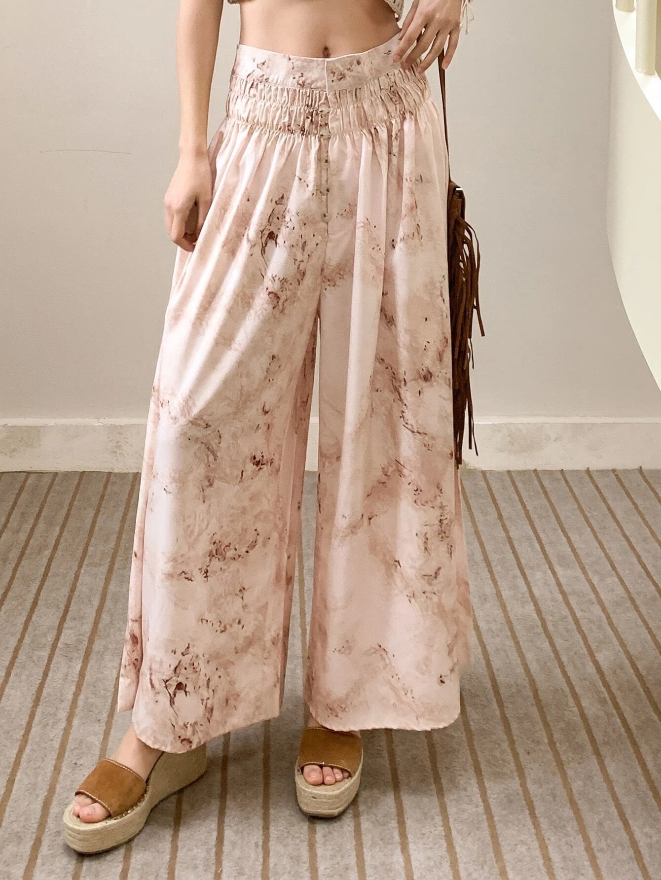 CM-BS827796 Women Trendy Seoul Style Marble Print Shirred Waist Wide Leg Pants