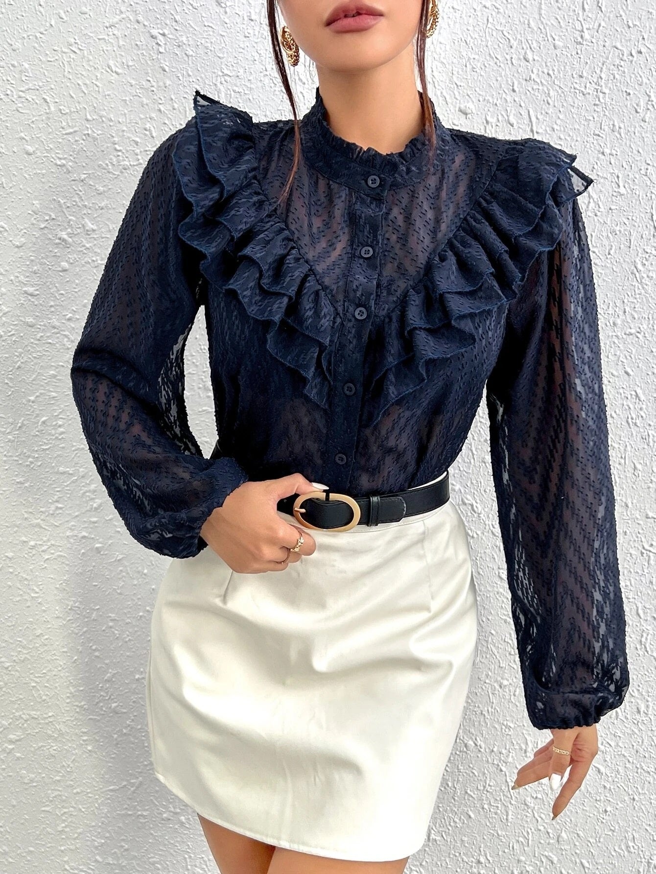 CM-TS198231 Women Elegant Seoul Style Ruffle Trim Lantern Sleeve Blouse - Navy Blue
