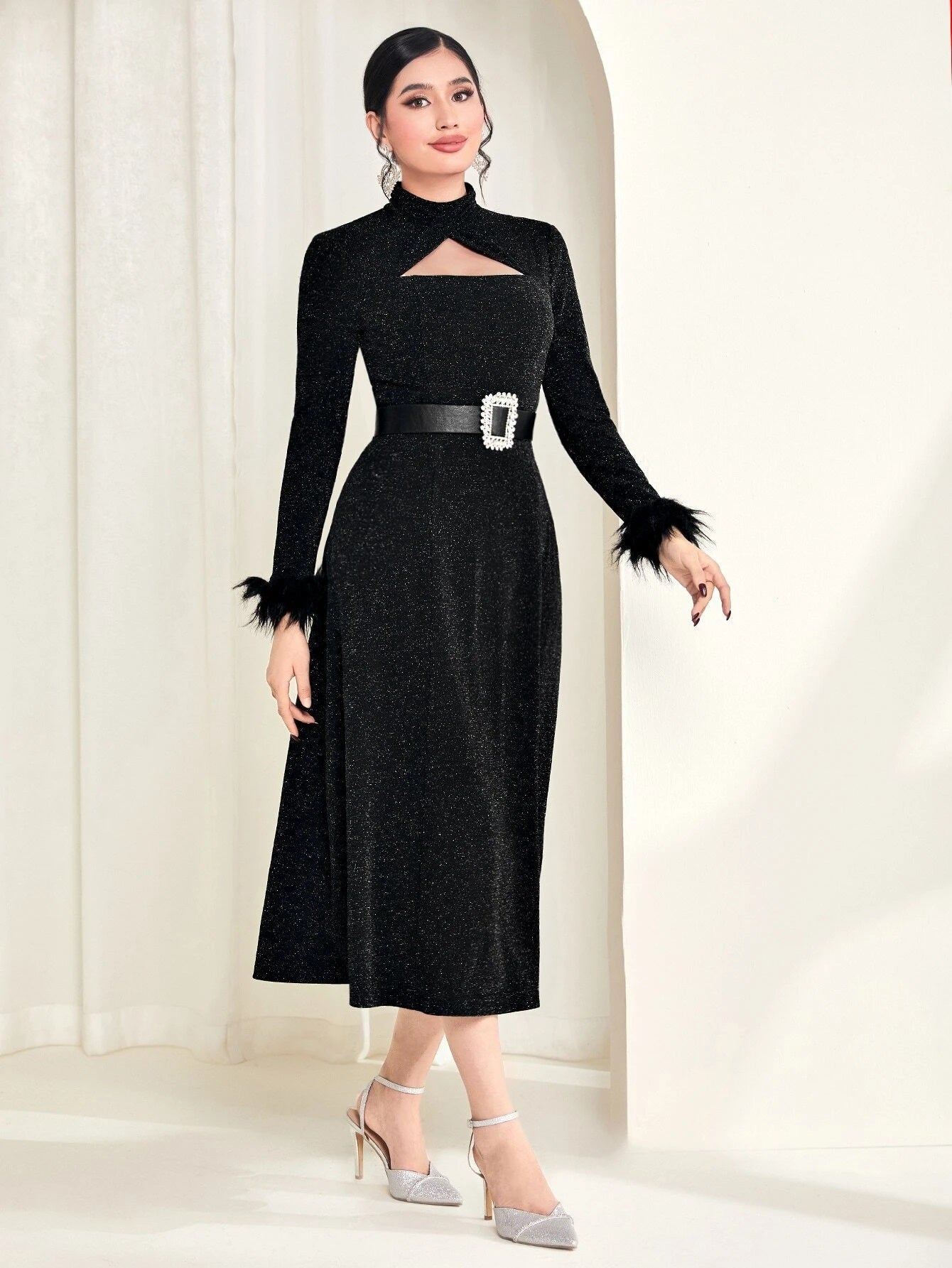 CM-DS825140 Women Elegant Seoul Style Fuzzy Cuff Cut Out Front Glitter Dress - Black