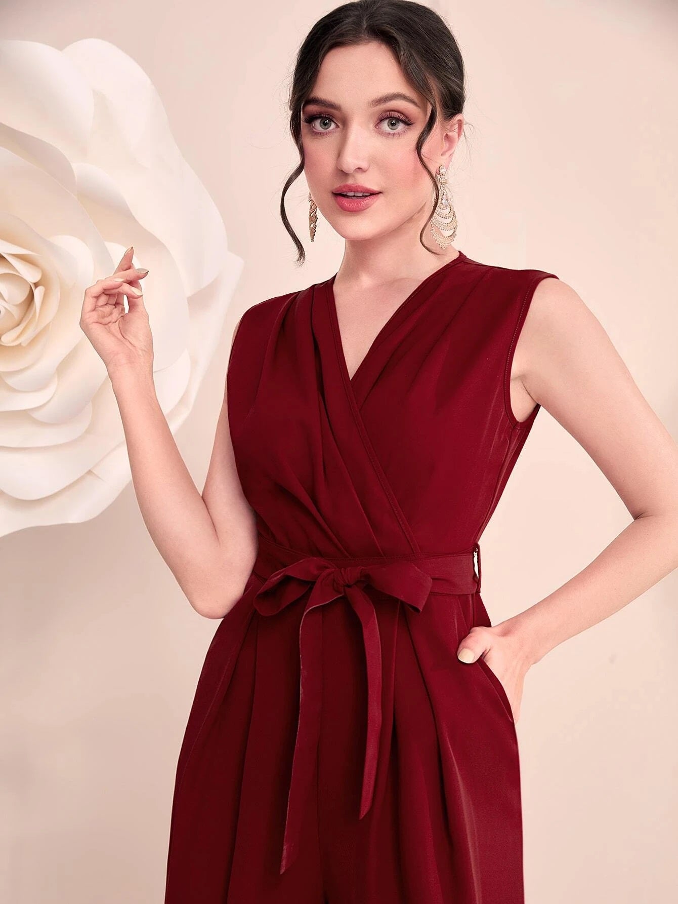 CM-JS300010 Women Elegant Seoul Style Surplice Neck Belted Wide Leg Jumpsuit - Burgundy