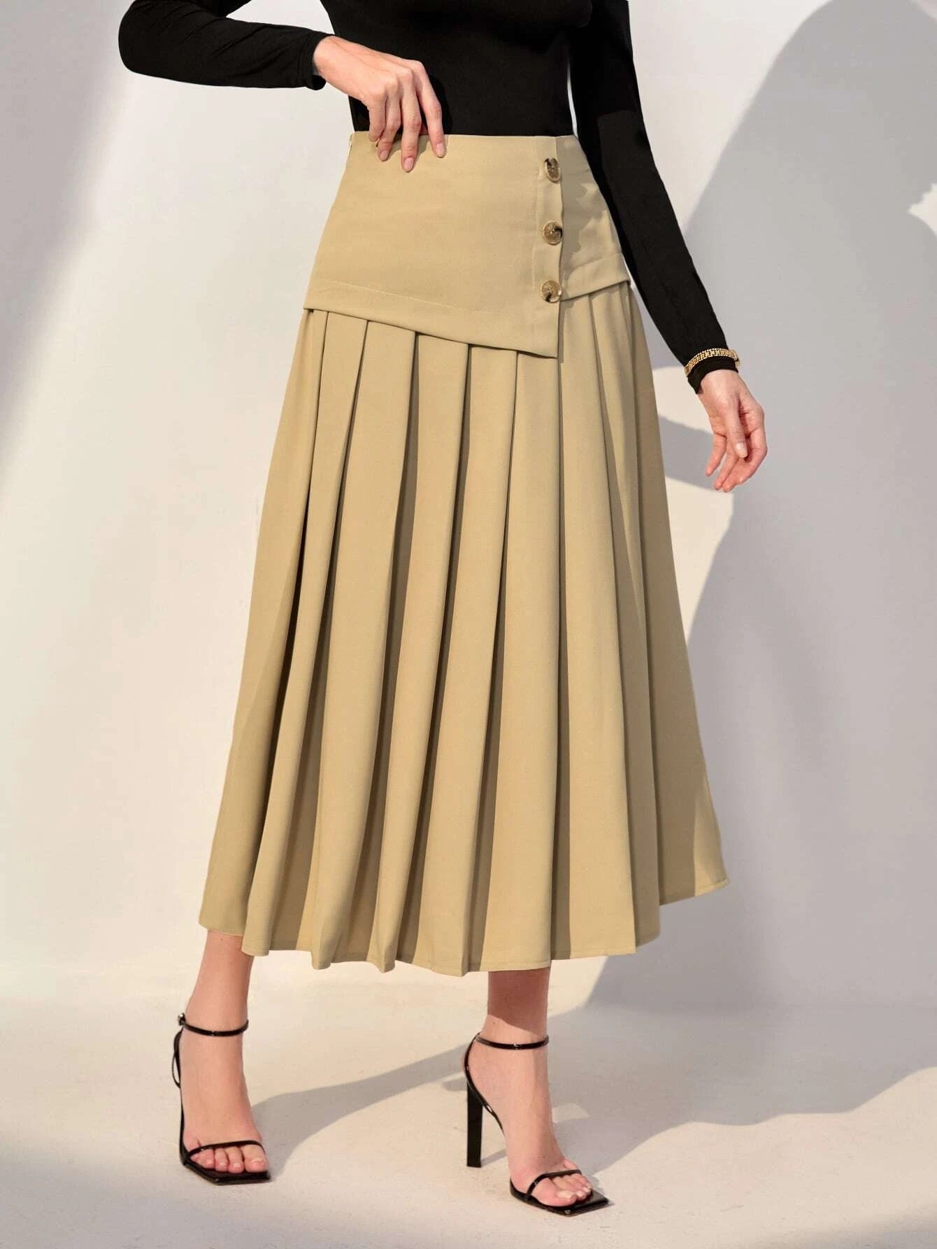 CM-BS757591 Women Preppy Seoul Style High Waist Fold Pleated Skirt - Khaki