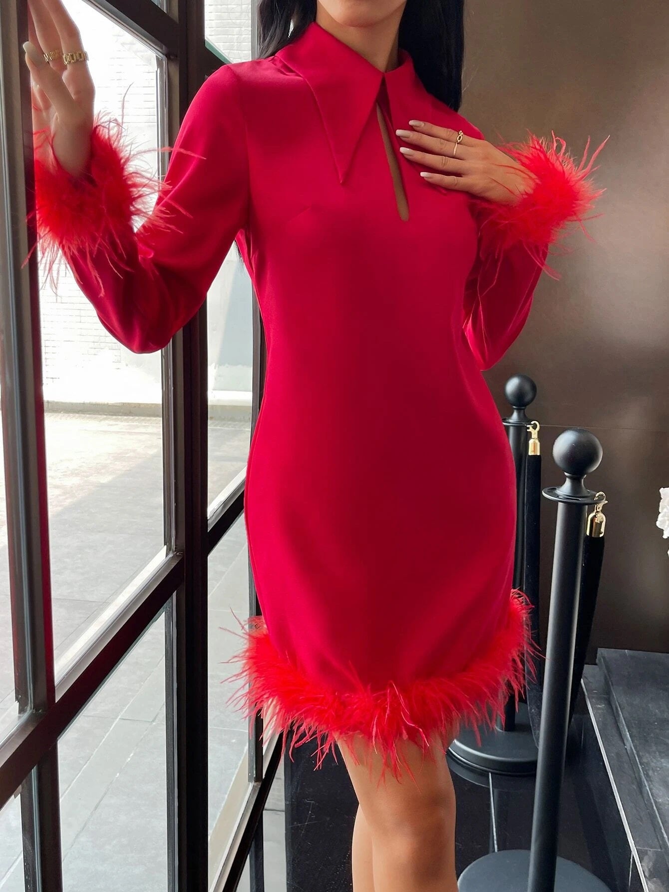 CM-DS140961 Women Elegant Seoul Style Long Sleeve Solid Fuzzy Trim Bodycon Dress - Red