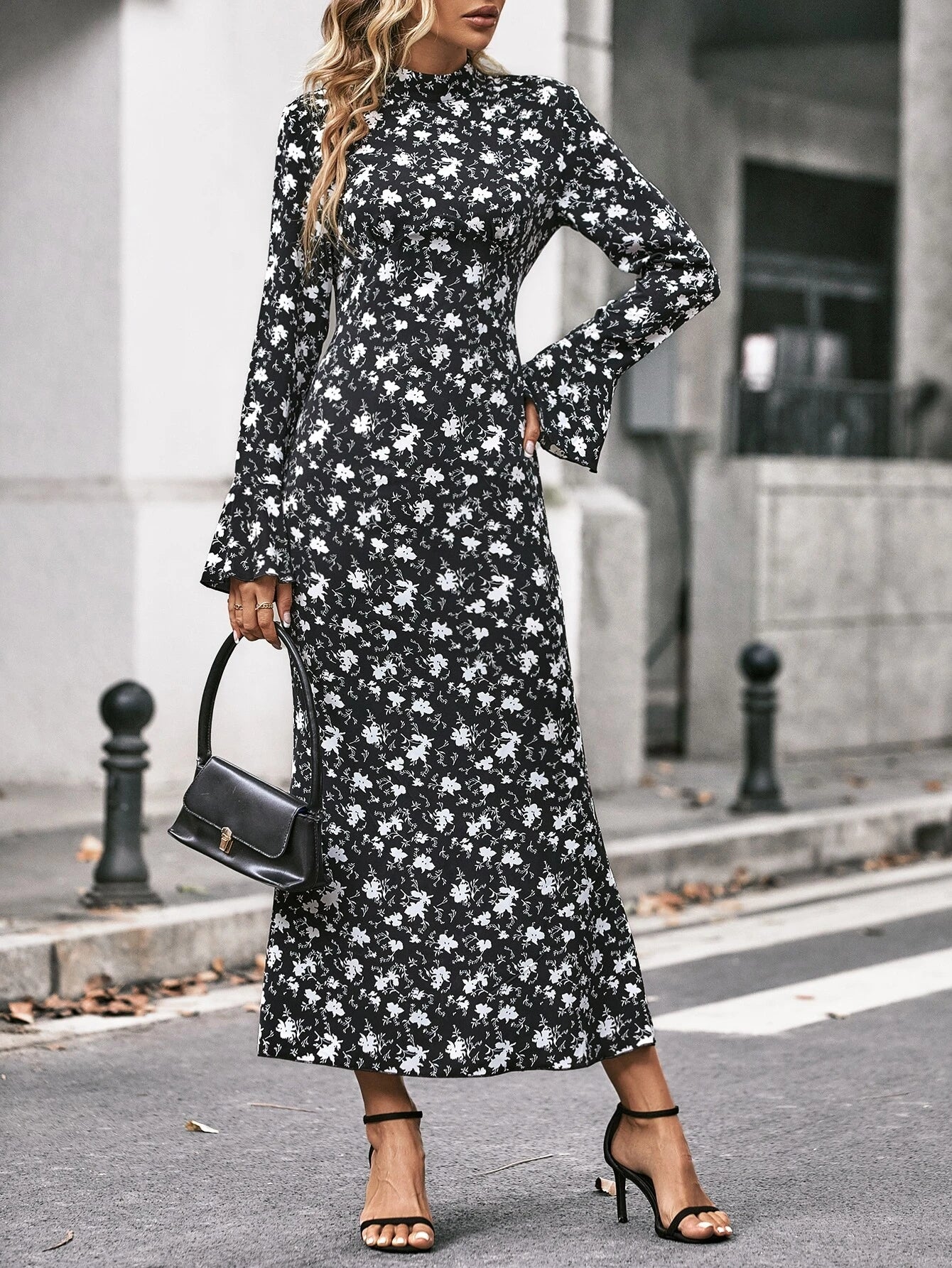 CM-DS281182 Women Casual Seoul Style Floral Print Flounce Sleeve Mermaid Hem Dress