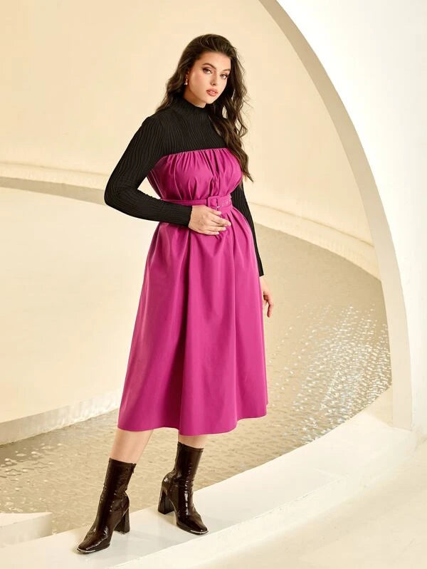 CM-DS301477 Women Casual Seoul Style Color Block High Low Hem Belted Dress