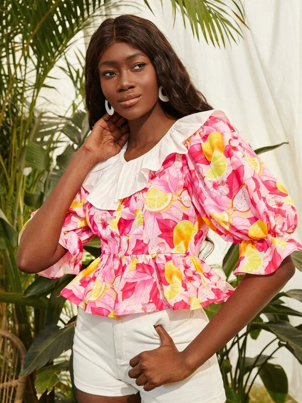 CM-TS847226 Women Trendy Bohemian Style Fruit Print Ruffle Trim Peplum Top