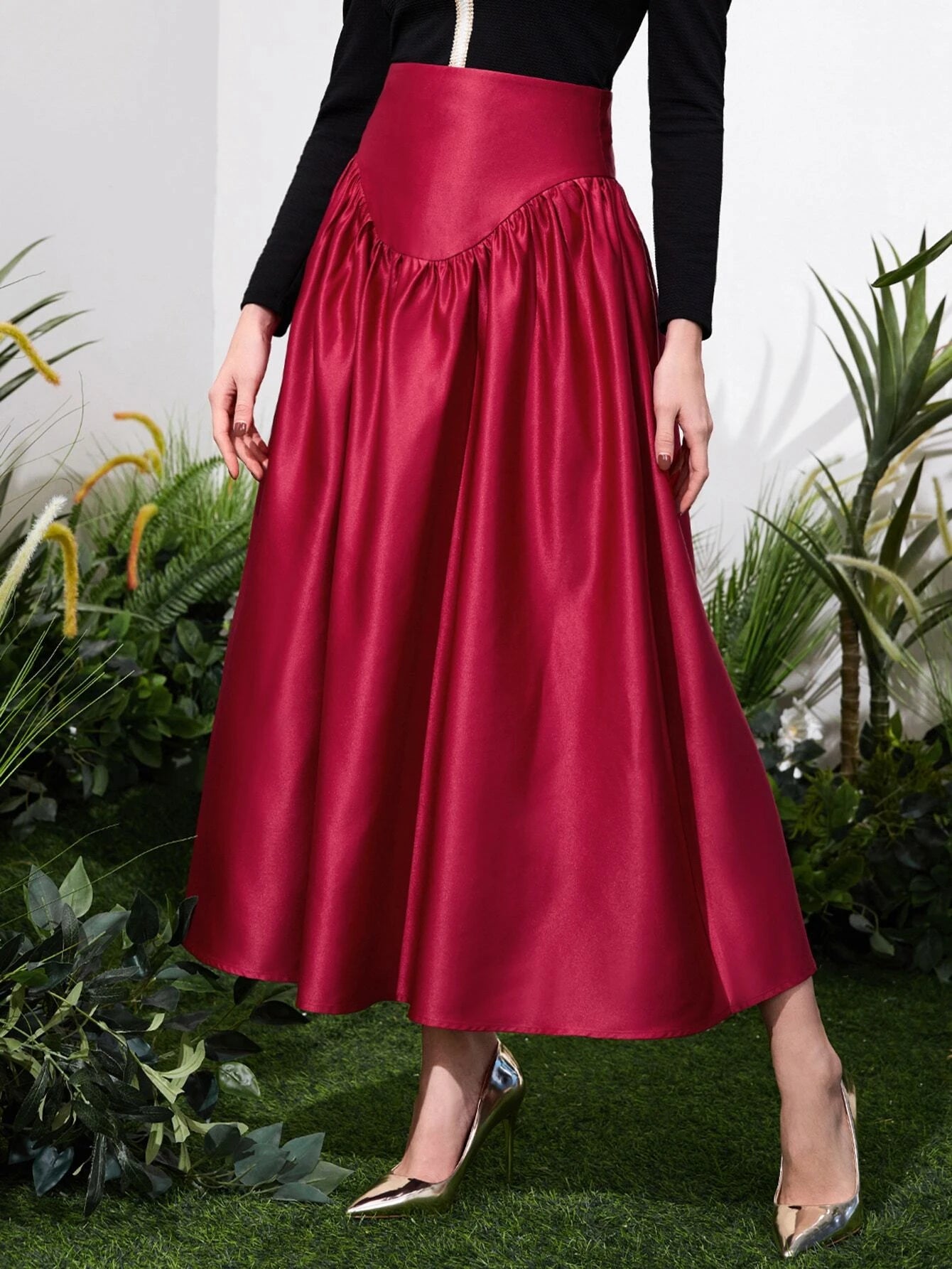 CM-BS535451 Women Elegant Seoul Style High Waist Satin Skirt - Burgundy