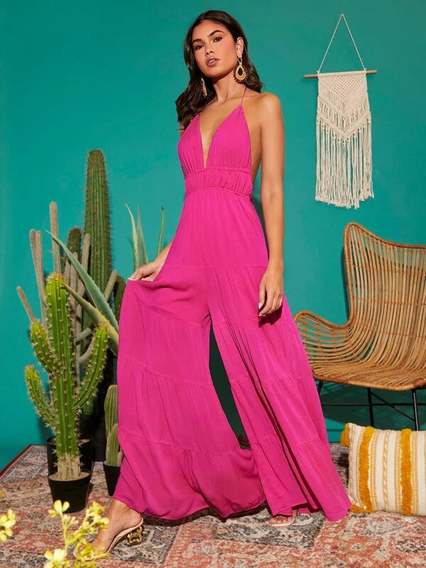 CM-JS216444 Women Trendy Bohemian Style Tassel Tie Backless Ruffle Hem Halter Jumpsuit